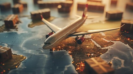 Aerial view showcasing the complex global network of parcel delivery services and customs handling the transportation routes logistics hubs