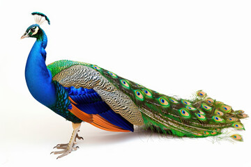 Obraz premium Majestic Peacock Displaying Vibrant Iridescent Feathers on Clean White Background