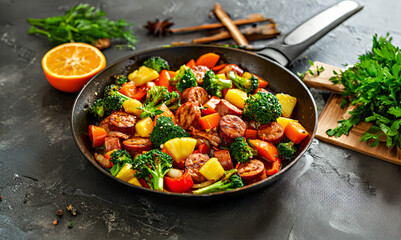 Stir-fry with sausage and pineapple.