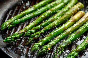 Healthy nutrition concept. Cooking process of freshly cut green asparagus with spices on grill pan in european restaurant. Close up. Indoor shot