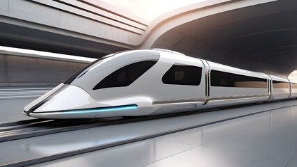 Fototapeta premium Concepts such as a broad banner with copy space area and a futuristic bullet train or hyperloop ultrasonic train cabsul with complete autonomous driving system activated for quick transit and autonomy