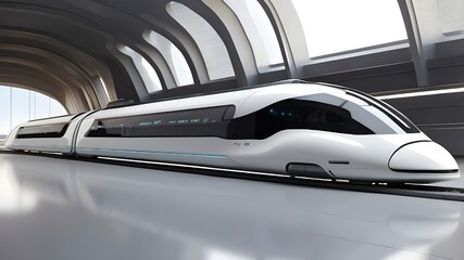 Concepts such as a broad banner with copy space area and a futuristic bullet train or hyperloop ultrasonic train cabsul with complete autonomous driving system activated for quick transit and autonomy