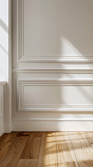 Elegant white wall molding, sunlight