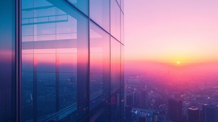A high-rise building window during sunrise, with the sky painted in soft pinks and oranges, and the city below coming to life