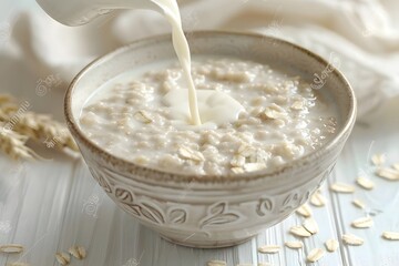 Breakfast Elegance: Giraffe Pouring Milk into Oatmeal. Milk is poured into oatmeal in a bowl