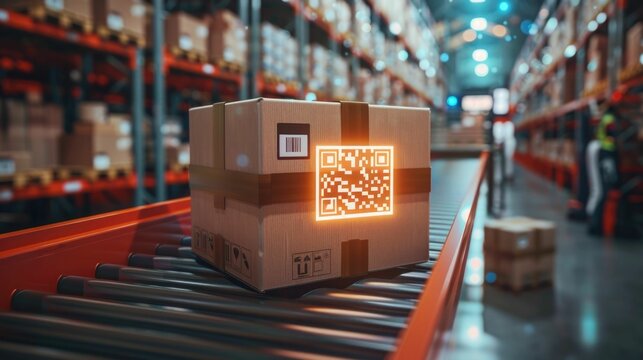 Barcode scanning technology used to track and organize package deliveries in a warehouse or logistics facility  Barcodes on boxes or packages are scanned to manage inventory shipping and distribution