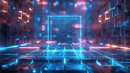 A vibrant futuristic corridor with neon lights and glowing frames, creating an immersive cyberpunk atmosphere full of luminous details.
