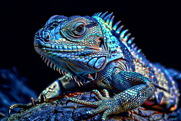 Fototapeta premium Blue iguana close-up portrait, dark background