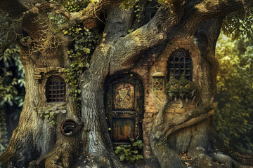 Fototapeta premium A tree with hidden doors and windows, suggesting secret passages and rooms within its trunk and branches, inviting exploration and the discovery of hidden worlds. 
