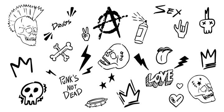 Punk elements collection. Vector marginal doodle illustrations, signs, objects, symbols. Cartoon rock star icon for music band, concert, party. Isolated on white background.