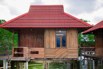 Floating accommodation on the coast of a mangrove forest in Ambon, Indonesia