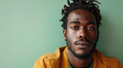 Moody portrait of a pensive multi ethnic man with a strong penetrating gaze set against a subdued pastel green background  The image exudes a sense of sophistication