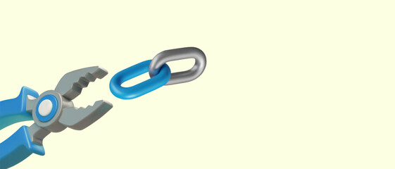 Realistic pliers, chain link. Repair concept, advertisement of professional services