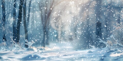 Beautiful winter-themed wide format background  with blurry image of a winter forest and light snowfall