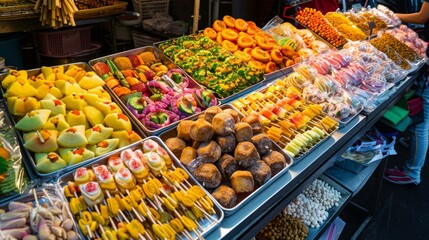 High-angle view of a Thai dessert stall at a night market, offering a variety of sweet treats and snacks
