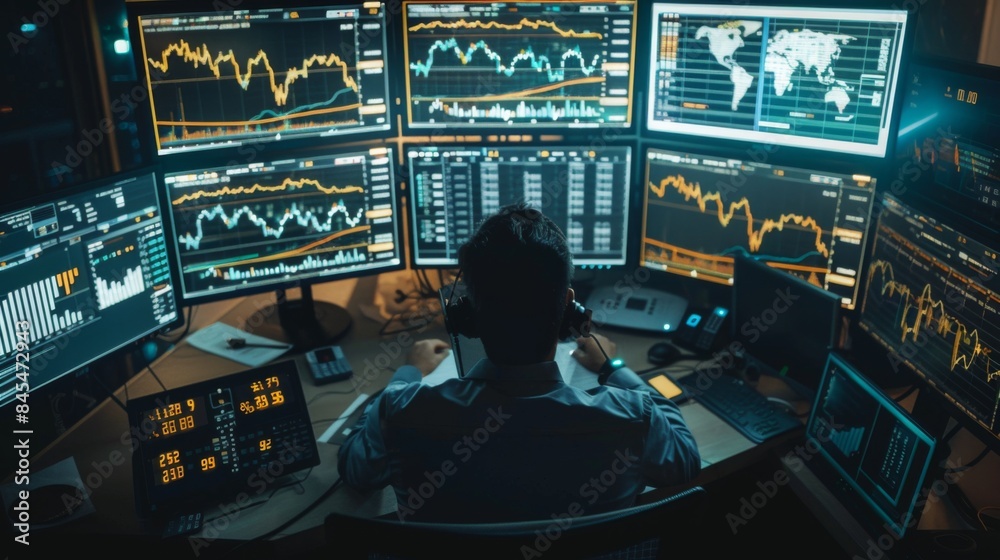 Fototapete High-angle view of a trading desk with multiple computer screens showing gold price graphs