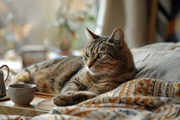Calm and Cozy Afternoon with a Contented Cat and a Relaxing Drink
