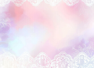 Pastel gradient background with delicate white lace floral border