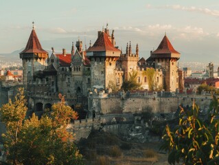 Fototapeta premium A cinematic photograph of a castle in the light of day in front of a city background