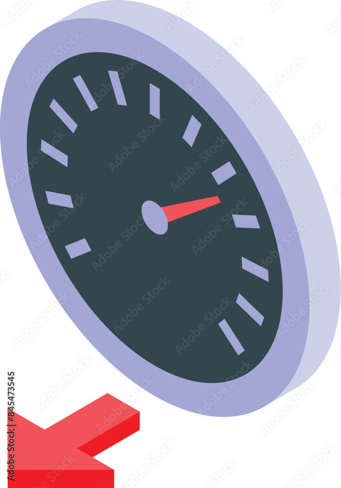 Poster speedometer showing slow speed with red arrow pointing down isometric icon