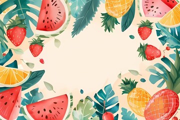 Watercolor summer template, frame with tropical fruits and leaves. Hello summer. Poster, template for social media, banner, postcard. Watercolor illustration, texture, hand drawing.