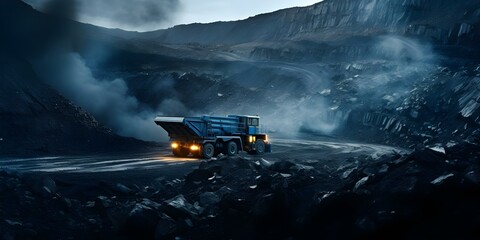 Aerial view of openpit coal mining operation with truck transporting coal. Concept Coal Mining, Open-Pit Operations, Aerial View, Truck Transportation, Energy Industry