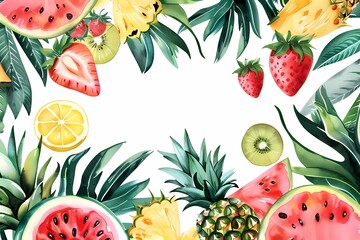 Watercolor summer template, frame with tropical fruits and leaves. Hello summer. Poster, template for social media, banner, postcard. Watercolor illustration, texture, hand drawing.