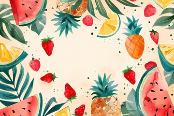 Watercolor summer template, frame with tropical fruits and leaves. Hello summer. Poster, template for social media, banner, postcard. Watercolor illustration, texture, hand drawing.