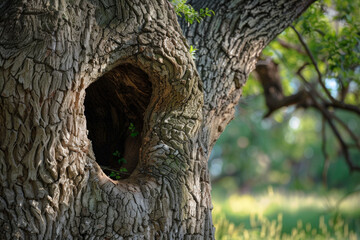 Obraz premium A tree with a hollow trunk, providing shelter to small animals and birds, creating a safe haven and representing protection, refuge, and nurturing care.