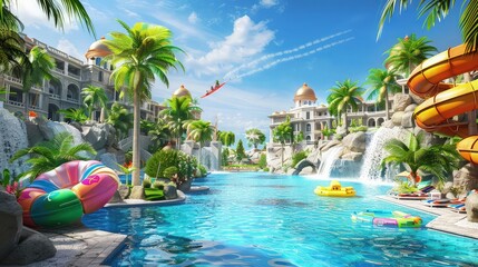 3d graphics web poster collage of summer holidays advert advertise paradise pool hotel with water sport activities for kids family.