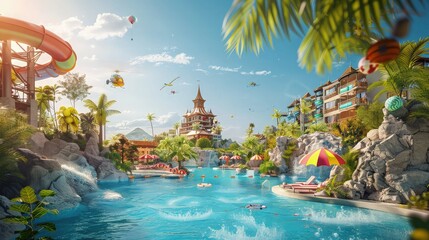 Obraz premium 3d graphics web poster collage of summer holidays advert advertise paradise pool hotel with water sport activities for kids family.