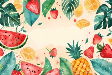 Watercolor summer template, frame with tropical fruits and leaves. Hello summer. Poster, template for social media, banner, postcard. Watercolor illustration, texture, hand drawing.