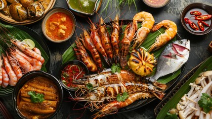 High-angle view of a traditional Thai seafood feast with grilled fish, prawns, squid, and dipping...