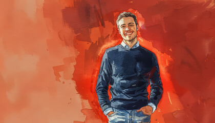 Obraz premium A man is smiling and standing in front of a red background