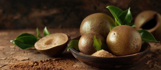 Monk Fruit: Nature's Herbal Remedy and Sweet Sugar Substitute on Brown Background