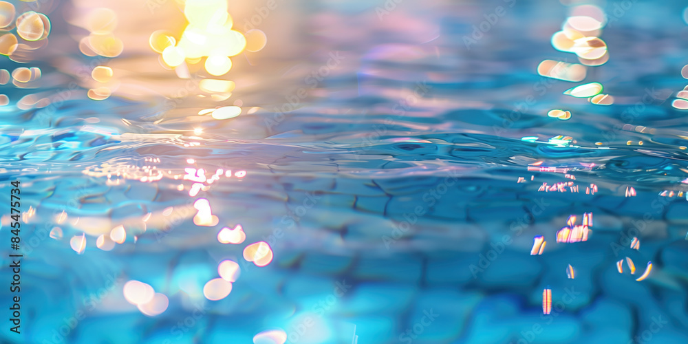 Poster abstract background with blurry lights on pool water. caustics and bokeh. created with generative ai