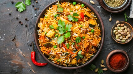 High-angle view of a vibrant bowl of Indian vegetable biryani rice with mixed vegetables and fragrant spices