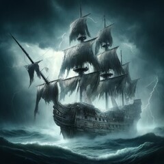 Haunted ghost ship sailing through a dark stormy sea with tattered sails..