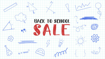 Back to school sale banner with doodle sketch elements