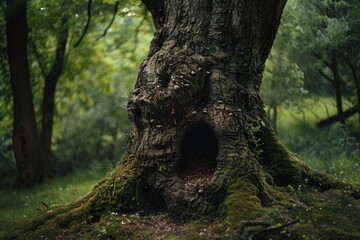 A tree with a hollow trunk, providing shelter to small animals and birds, creating a safe haven and representing protection, refuge, and nurturing care.