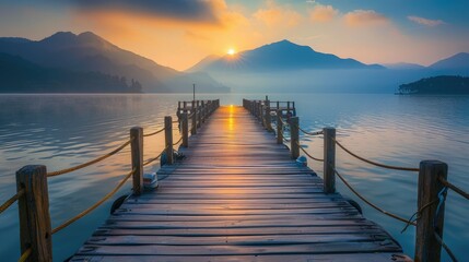 Fototapeta premium dock at the pier surround scenic view of mountain in the mist and sunrise at Sun moon lake