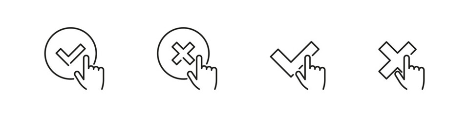 Checkmark and cross with finger point icons. Tick and disagree cross choose icon set.
