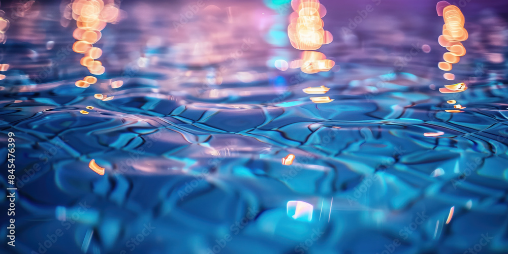 Poster abstract background with blurry lights on pool water. caustics and bokeh. created with generative ai