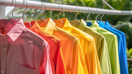 bright colored shirts on wire hangers