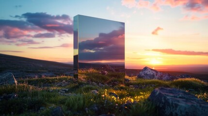 geometric mirror glass square monolith in nature landscape f on beautiful landscape sunset for innovation abstract background