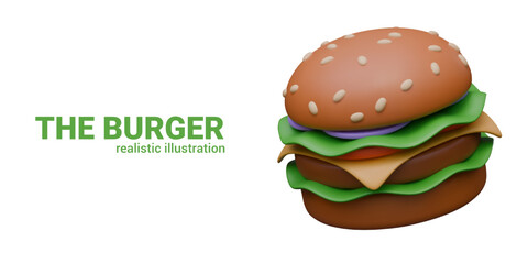Realistic illustration of burger. Round bun with sesame and layers