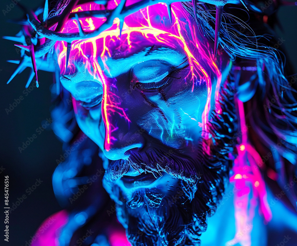 Wall mural Jesus Christ in neon colours. AI generative. - Wall murals