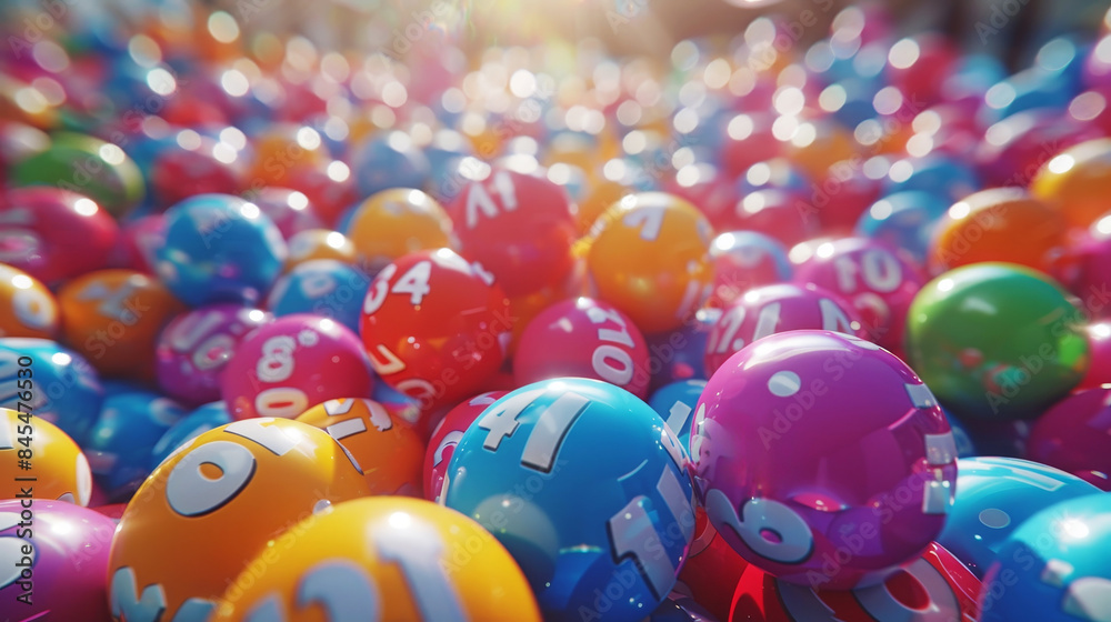 Fototapete Colorful heap of lottery balls with numbers in 3D rendering