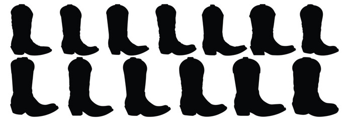 Cowboy Boot silhouettes set, pack of vector silhouette design, isolated background