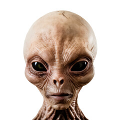 A creepy alien with a big head and a small mouth